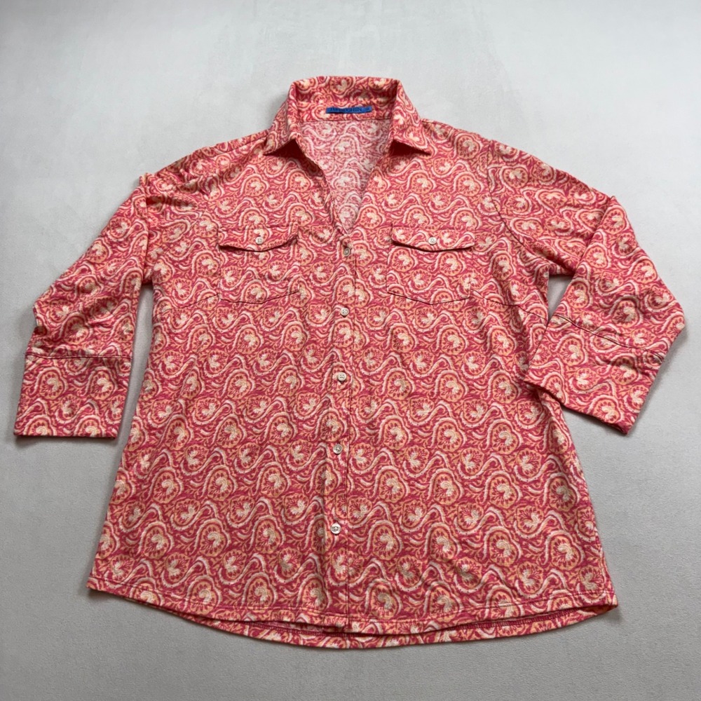 J. McLaughlin Womens Medium Pink Orange Paisley Linen Blend Button Down Shirt